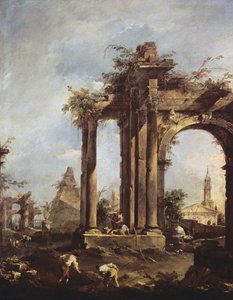 Capriccio mit römischen Ruinen, einer Pyramide und Figuren, 1760-70